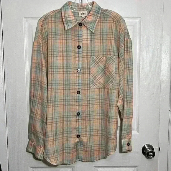 NWOT BIBI Sage and Peach Plaid Lightweight button down | size Large - Picture 1 of 6
